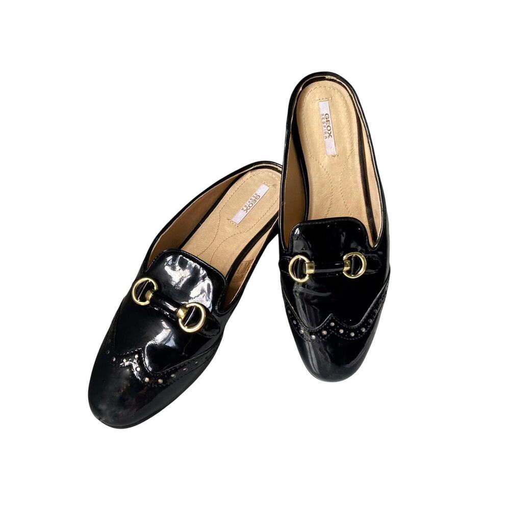 Geox Black Patent Leather Horsebit Brogue Loafer Mules Wingtip Gold Hardware EUC